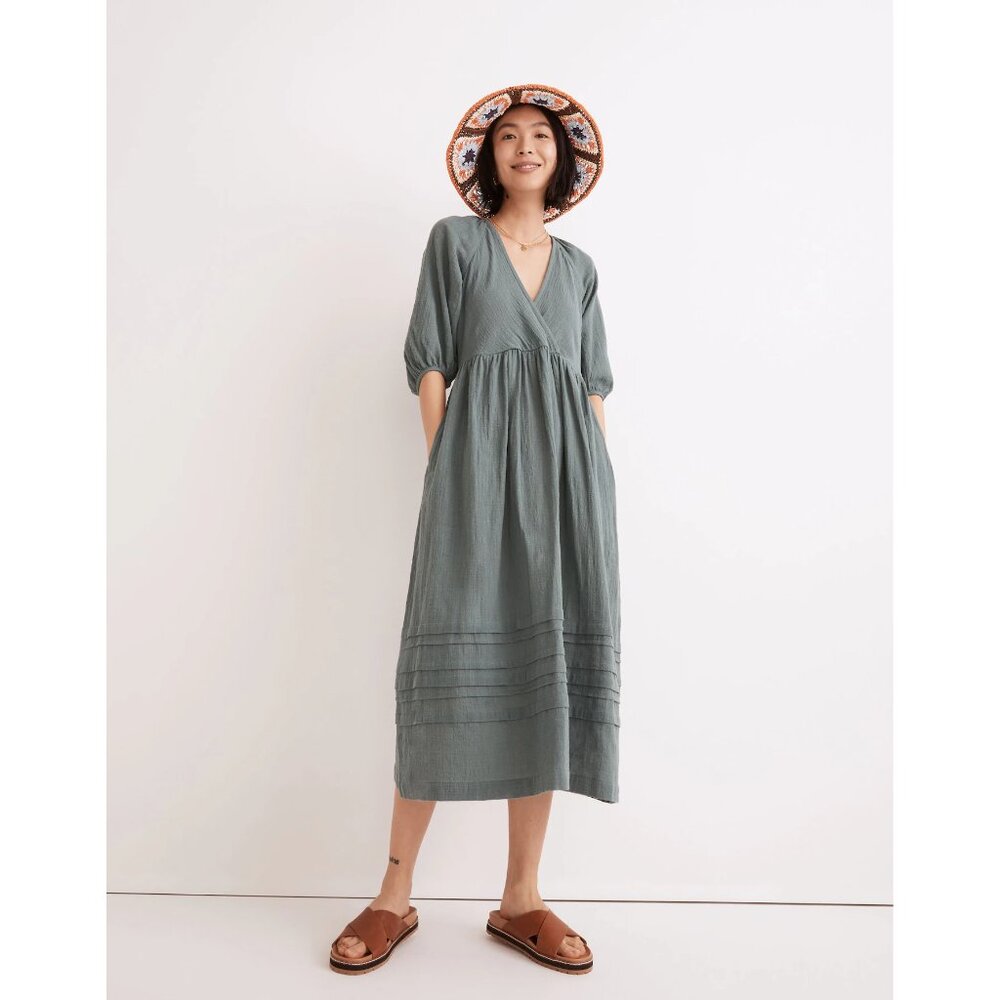 Madewell womens green cotton casual Marianna Puff-Sleeve Midi Dress size XS NWT